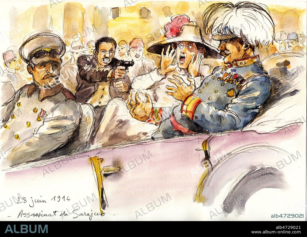 'Le 28 juin 1914, l'archiduc d'Autriche Francois Ferdinand et son epouse sont victimes d'un attentat a Sarajevo par un serbo-bosniaque, Gavrilo Princip. Cet evenement declenchera la Premiere Guerre Mondiale.' Illustration de Thierry SCHNEYDER, 2007. Credit: T. Schneyder / KHARBINE-TAPABOR.