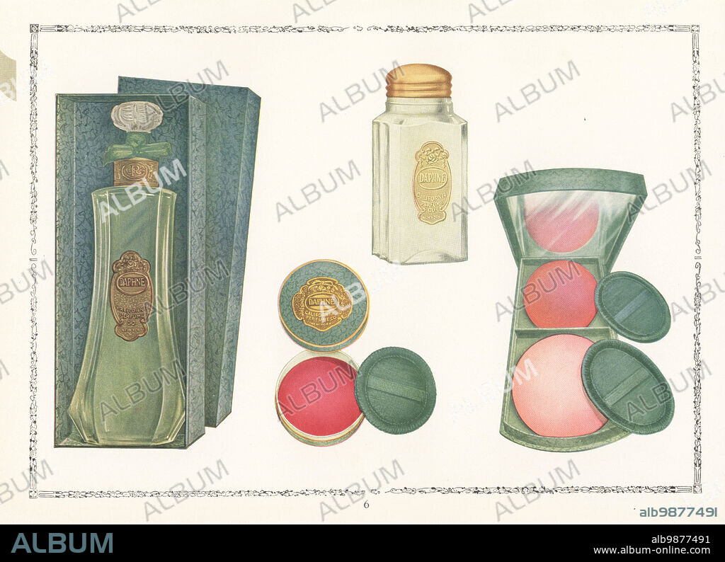Daphne brand cosmetics from CPC, 1927. Bottle of toilet water in box, can of Sachet Powder, vanity makeup compact and duplex rouge compact with mirror. Chromolithograph by an unknown artist from the California Perfume Company (later Avon) product catalog, New York, Kansas, Montreal, 1927.