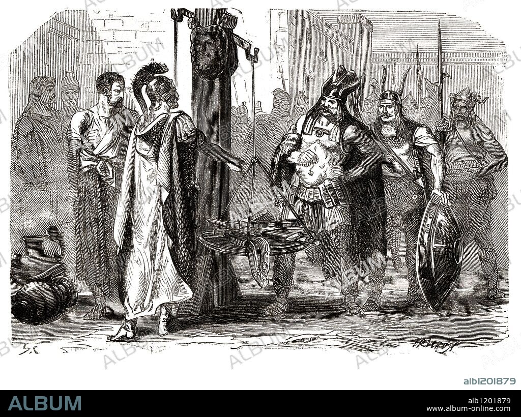 Lucio Furio Camilo, (siglo IV a.JC). General romano. Vencedor de los galos en el año 349 y de los latinos en el 338, transportó a Roma los prisioneros y despojos de sus enemigos. Grabado de 1866.