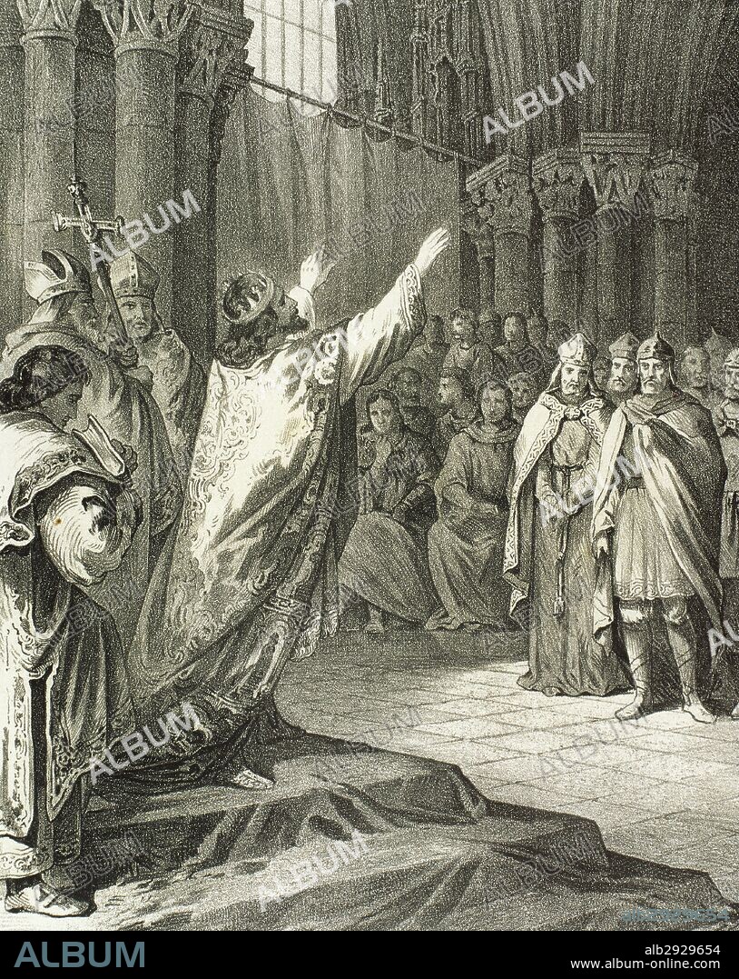 RECAREDO I (559-Toledo,601). Rey de los visigodos desde el año 586 hasta su muerte. hijo de Leovigildo. "LA CONVERSION DE RECAREDO", renunciando al arrianismo y convirtiéndose al cristianismo, durante el III Concilio de Toledo (589). Grabado de "Historia de España Ilustrada", del siglo XIX.