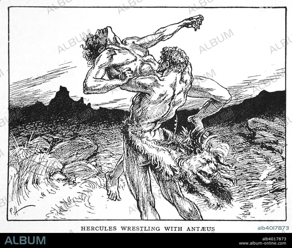 'Hercules Wrestling with Antaeus', 1925. According to Greek Mythology, Antaeus was a giant, the son of Poseidon and Gaia. He would challenge passers-by to a wrestling match and collected their skulls after defeating them. He possessed unbeatable strength so long as he remained in contact with the ground, but if not, was as weak as other men. Hercules was able to lift him in the air and crush him in a bear hug. Illustration from The Book of Myths by Amy Cruse, 1925.