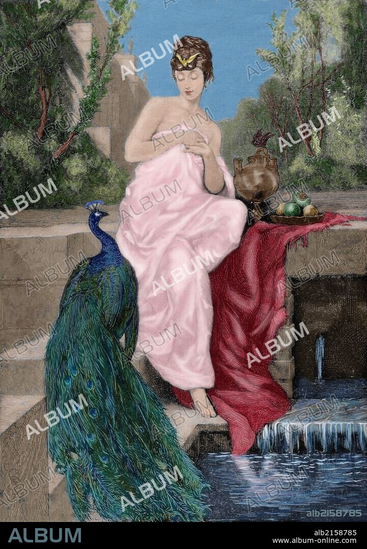MITOLOGIA CLASICA. HELENA. La mujer más bella de Grecia. Esposa de Menelao. raptada por Paris, lo que precipitó la expedición armada de los griegos contra troya. Grabado coloreado a partir del cuadro de Maignán "Helena en la Fuente". "La Ilustración Ibérica, año 1885".