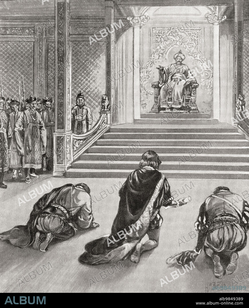 The arrival of Marco Polo at the court of Kublai Khan, China, c.1274. Marco  Polo, 1254 Ã¢â‚¬â€œ 1324. Venetian merchant traveller. From Hutchinson's  History of the Nations - Album alb9849389