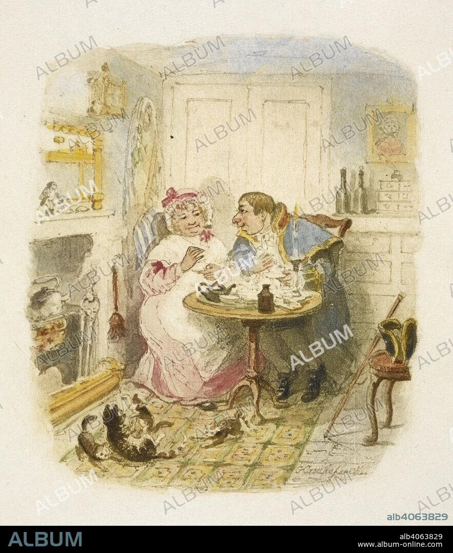 CHARLES DICKENS. Mr. Bumble and Mrs. Corney taking tea. This sketch is intended as a sort of title page to the twenty-five water colour drawings, etc. 1894. Twenty-six plates. Proofs in colour of the illustrations used in the Chapman & Hall 1895 edition of â€œOliver Twistâ€ MS. inscription by Joseph Grego. Source: Dex.297.(2) plate 12.