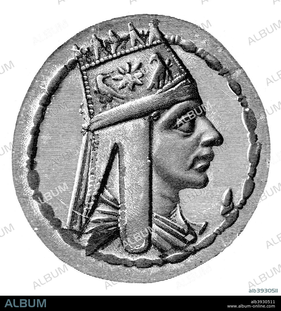 Tigranes, King of Armenia, (1902). Portrait, possibly of Tigranes the Great (ruled 95 BC-55 BC), from Theodore Reinach's Mithridate Eupator (1890). Illustration from 'The World's History, The Mediterranean Nations, by Dr H F Helmolt, Volume IV, published by William Heinemann, (London, 1902).