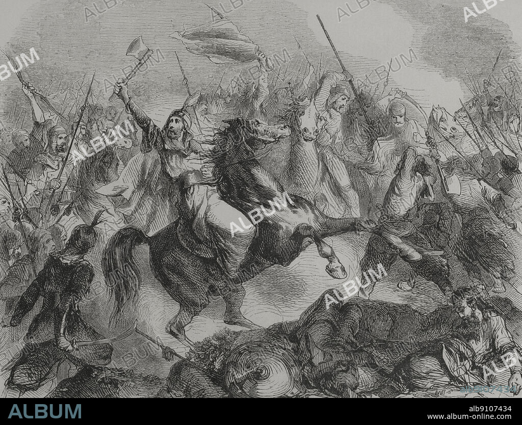First Mongol invasion of Russia (1221-1223). Battle of the Kalka River (31 May 1223). Troops of the Mongol Empire, led by Jebei and Subedei, defeated an alliance of the principalities of Russia, Galician-Volyn and the Cumans. Engraving. "Los Heroes y las Grandezas de la Tierra" (The Heroes and the Grandeurs of the Earth). Volume VI. 1856.
