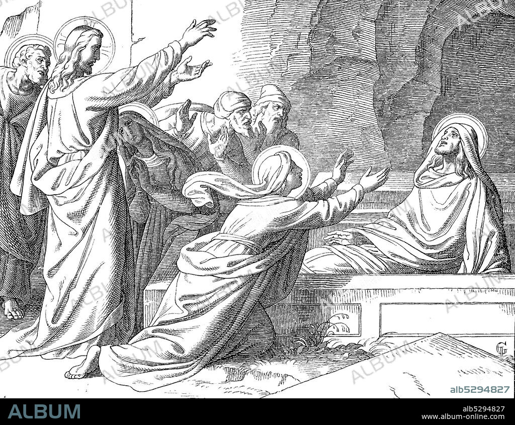 The Resurrection of Lazarus, Lazarus of Bethany, also known as Saint Lazarus or Lazarus of the Four Days, Bible,   /  Die Auferstehung des Lazarus, Lazarus von Bethanien, auch bekannt als Lazarus oder Lazarus der vier Tage, Bibel, Historisch, digital improved reproduction of an original from the 19th century / digitale Reproduktion einer Originalvorlage aus dem 19. Jahrhundert.