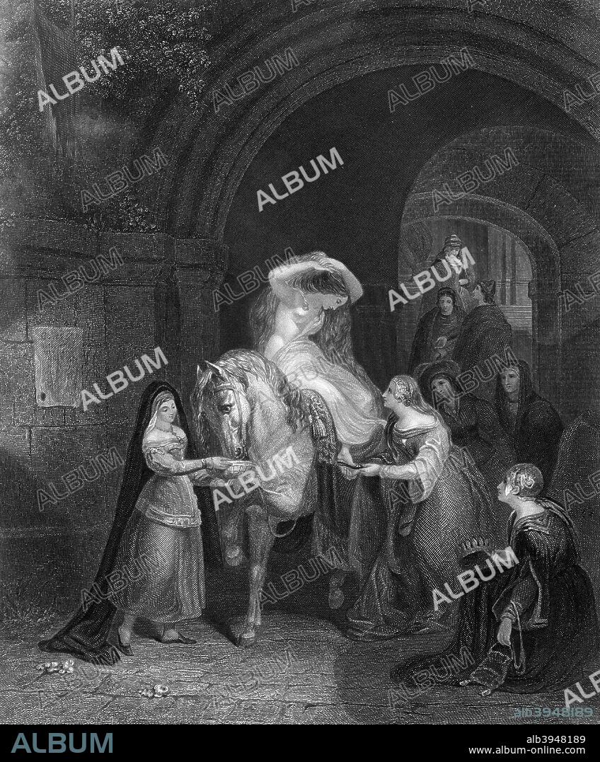 Lady Godiva rides through Coventry, (19th century). Godiva or Godgifu (990-1067) is popularly believed to have ridden naked through the streets of Coventry in England. This Victorian version coyly shows her wearing a diaphanous veil.