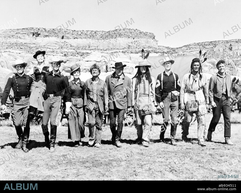 BRIAN KEITH, BURT LANCASTER, DONALD PLEASENCE, JIM HUTTON, LEE REMICK and PAMELA TIFFIN in THE HALLELUJAH TRAIL, 1965, directed by JOHN STURGES. Copyright UNITED ARTISTS.