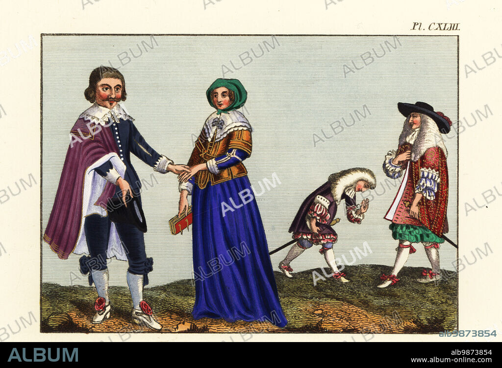 Foppish courtier bowing to King Charles II of England in wig (right) from a print by William Faithorne, and man in a cape holding a womans hand (left) from a print by William Marshall. Costume of the 17th century. Handcoloured engraving by Joseph Strutt from his Complete View of the Dress and Habits of the People of England, Henry Bohn, London, 1842.