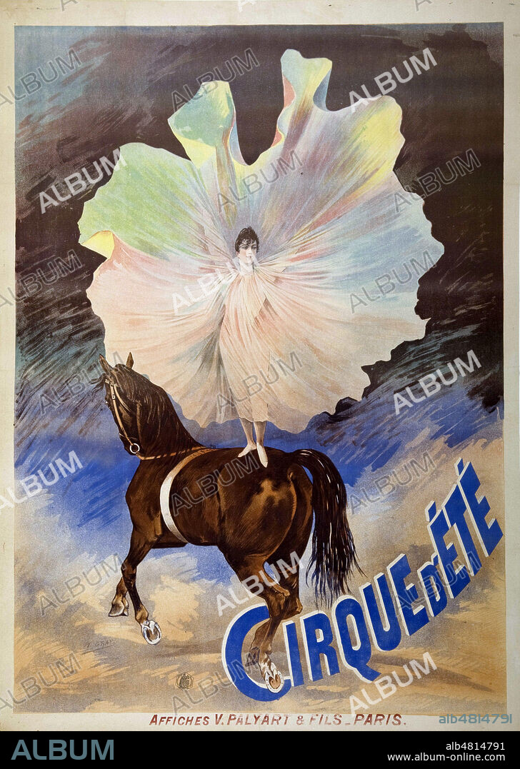 Cirque d'ete : femme faisant des acrobaties sur un cheval. Loie Fuller ? Affiche de spectacle vers 1885 illustree par H. GRAY (1858-1924). Credit : IM/KHARBINE-TAPABOR.