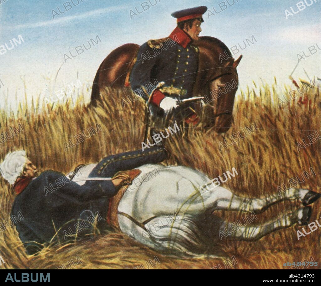 Blücher at the Battle of Ligny, 16 June 1815, (1936). 'Blücher In Der Schlacht Bei Ligny, 16  Juni 1815'. Prussian field marshal Gebhard Leberecht von Blücher (1742-1819) was trapped for several hours beneath his horse after it was shot and killed. The Battle of Ligny, near Ligny (in Belgium), between the French and the Prussians, was fought two days before Waterloo. Ligny was the last victory of Napoleon Bonaparte. From "Bilder Deutscher Geschichte", (Pictures of German History), No.12, cigarette card album. [Cigaretten-Bilderdienst, Altona-Bahrenfeld, Hamburg, Germany, 1936].