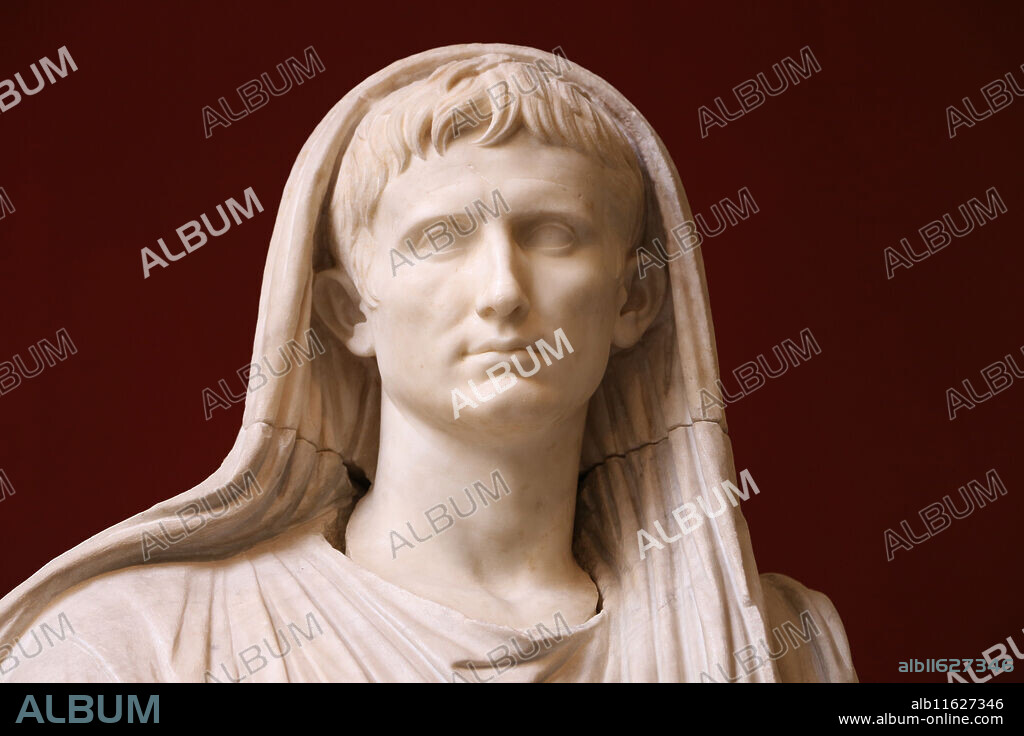 Via Labicana Augustus. Sculpture of the Roman Emperor Augustus (63BC-14AD) as Pontifex Maximus. 12BC. National Museum of Rome. Massimo Palace. Rome. Italy.