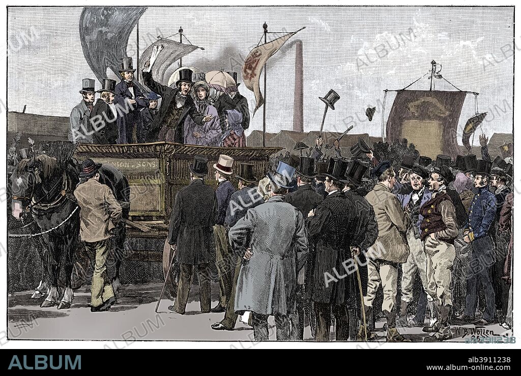The Chartist Demonstration on Kennington Common, 1848, (1900). Illustration from The life and times of Queen Victoria by Robert Wilson, (1900). (Colorised black and white print).