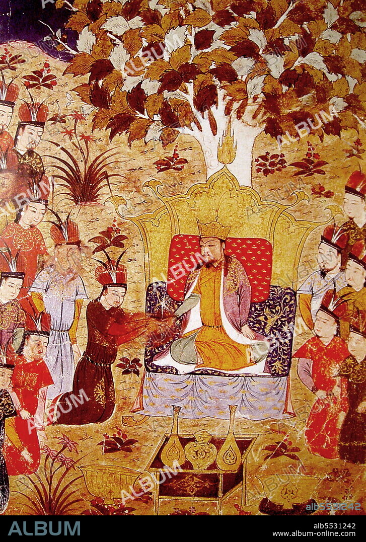 Genghis Khan (centre) at the coronation of his son Ogedei, Rashid al-Din, early 14th century. Genghis Khan (c.1158 - August 18, 1227), born Temujin, was the founder and first Great Khan (Emperor) of the Mongol Empire, which became the largest contiguous empire in history after his death. He came to power by uniting many of the nomadic tribes of Northeast Asia. After founding the Empire and being proclaimed the universal ruler of the Mongols, or Genghis Khan, he launched the Mongol invasions, which ultimately conquered most of Eurasia, reaching as far west as Poland and as far south as Egypt.