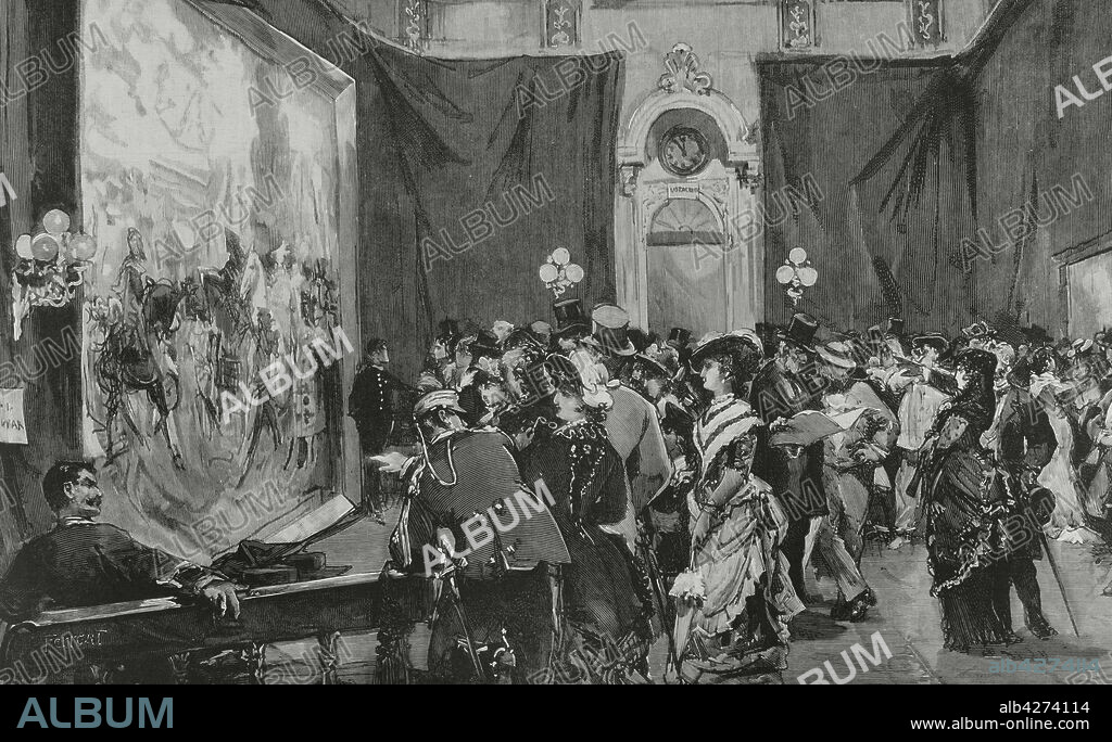 ALEJANDRO FERRANT Y FISCHERMANS (1843-1917). SPANISH ARTIST. EUGENIO VELA (D. 1895). SPANISH ENGRAVER.. Spain, Madrid. Exhibition of the painting by the Spanish painter Francisco Pradilla (1848-1921) "La Rendición de Granada" ("The Surrender of Granada"), in the Senate conference room. Drawing from life by A. Ferrant. Engraving by Eugenio Vela. La Ilustración Española y Americana, 1882.