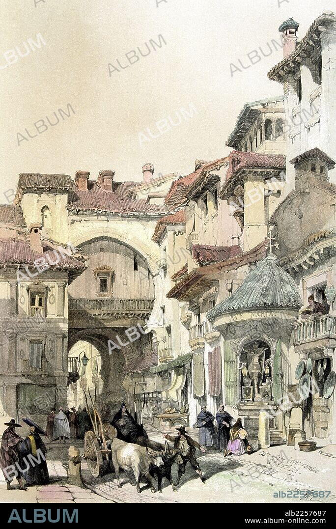 GRANADA. PUERTA DE LA BI - RAMBLA. DIBUJO DE DAVID ROBERTS. LONDRES 1837.