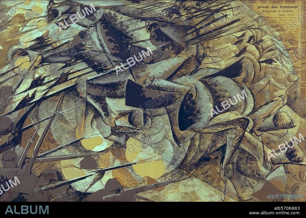 UMBERTO BOCCIONI. Boccioni, Umberto. 1882-1916. "Carica di lancieri" (The Charge of the Lancers), 1915. Tempera and collage on cardboard, 32 × 50cm. Milan, Museum of Contemporary Art.