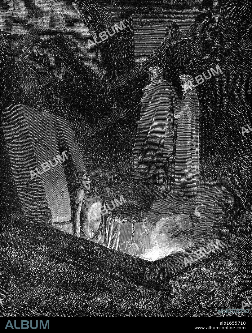 Dante Alighieri (1265-1321) Italian poet: Inferno  first part of his Divina Commedia (Divine Comedy) illustrated by Gustave Dore 1863. Canto X: Dante, keeping close to his guide Virgil, looks on one of the sinners burning in hell in their open tombs. Wood engraving.