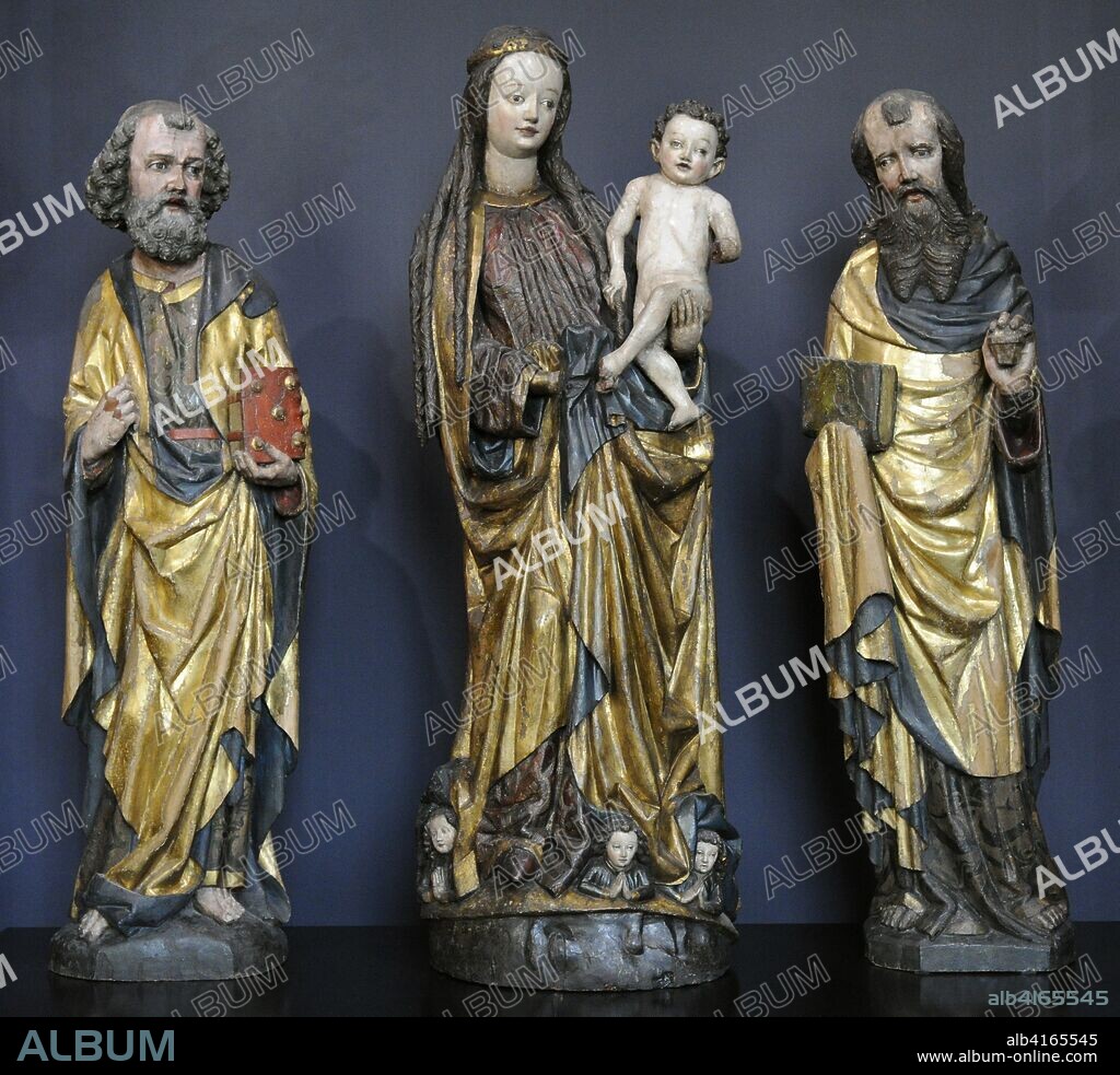 Nikolaus Obilman (activo en Wroclaw, 1453-1488?). Políptico de la Iglesia de San Pedro y San Pablo. Tallas de la Virgen con el Niño entre San Pedro y San Pablo. Wroclaw (Breslavia), 1466. Legnica (Polonia). Museo Nacional de Varsovia. Polonia.
