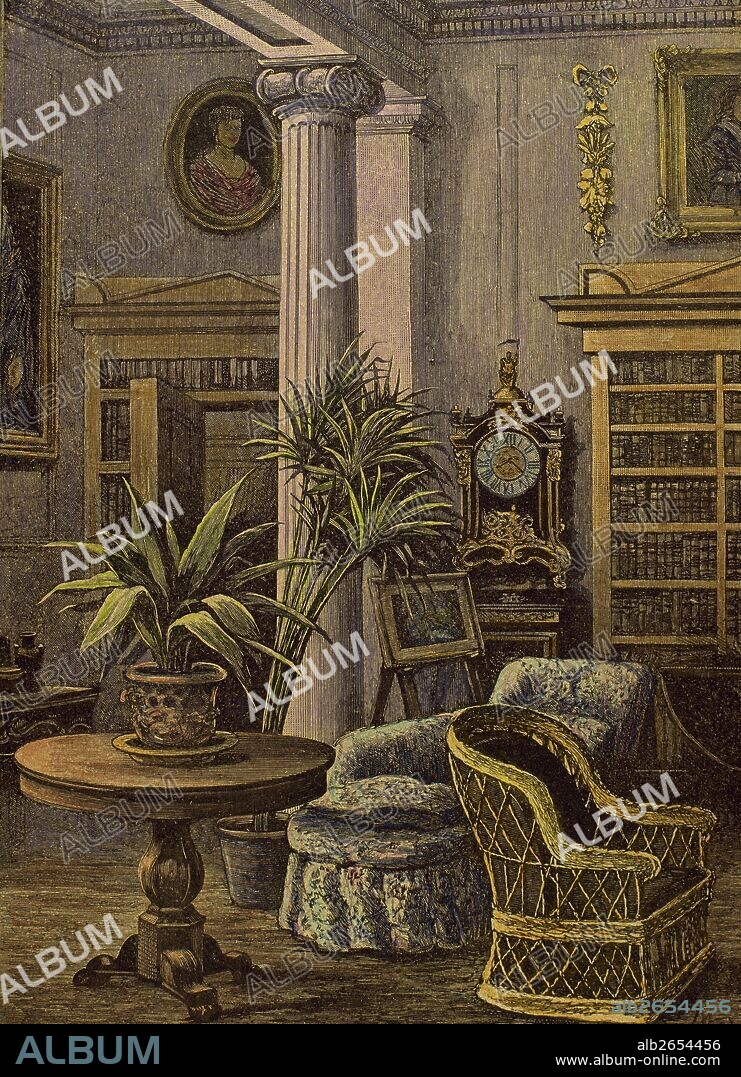 SALON DE UNA VIVIENDA BURGUESA. Grabado coloreado realizado en 1885 por Gascoine.
