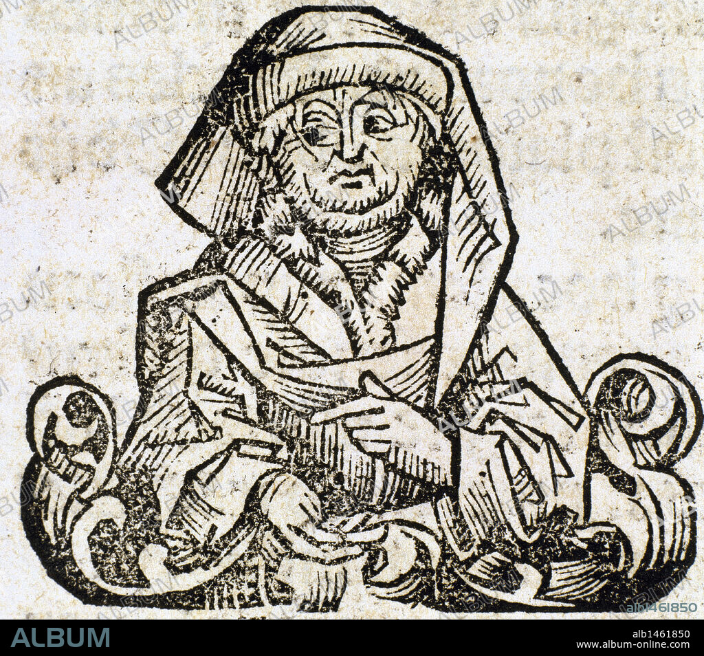 ANAXIMENES (h.588-534 a.C). Filósofo milesio discípulo de Anaximandro. Intentó explicar la derivación de la realidad, desde el primer principio, como un proceso mecánico constituído por dos tiempos, uno de rarificación, y otro de condensación del aire. Se conserva una parte de su obra "Perí Physeos". Grabado.