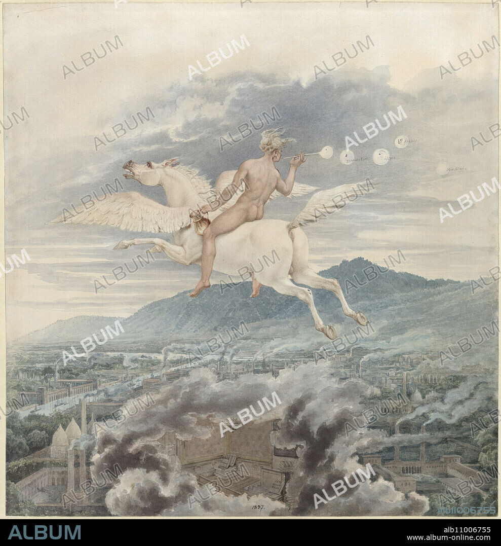 KARL FRIEDRICH SCHINKEL. Female figure (blowing bubbles), as allegory of Christian Peter Wilhelm Beuth, riding Pegasus over an industrial city.