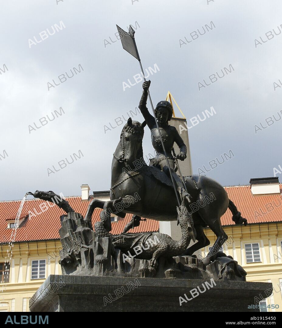 Czech Republic. Prague. Statue of St. George and a fountain. Gothic bronze statue was cast by George and Martin of Kluj. St. George killing a dragon. 1773. Prague Castle, Third Courtyard.