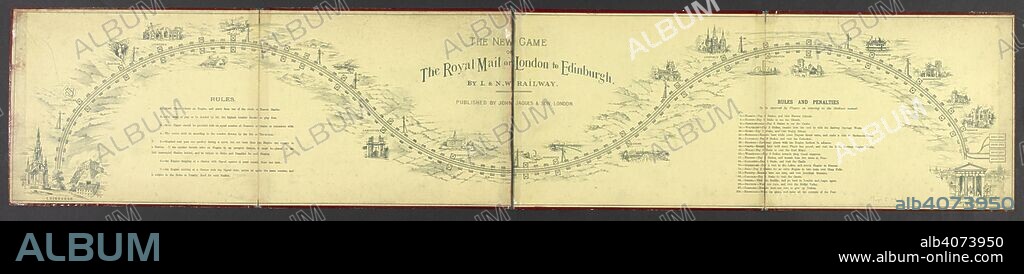 The new game of the Royal Mail or London to Edinburgh by L & N.W. Railway. A wood engraving mounted onto board in 4 sections. L & N.W. Railway shown as 3 broad curves running from left (north) to right, about which are placed vignette views of places through which the line ran. These include views of Edinburgh (with Castle and Walter Scott Memorial), Gretna, Lake District, Wigan, Crewe, Lichfield Cathedral, Wolverton, Harrow and London (with the Euston Arch and London skyline).  Geographical game, includes instructions and rules.  . The new game of the Royal Mail or London to Edinburgh by L & N.W. Railway. London: John Jaques & Son, c.1850. 1 map: col. ; 121 x 24 cm. Source: Maps.C.44.d.82.