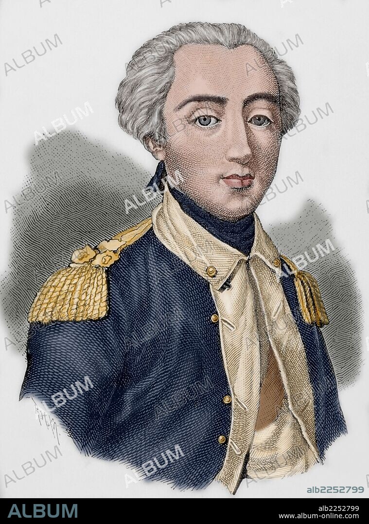 LA FAYETTE, Marie-Joseph-Paul-Yves-Roch-Gilbert Motier, marqués de (Chavaniac, 1757-París, 1834). Político francés. Destacó por su ayuda a los colonos americanos en su lucha por la independencia. De vuelta a Francia desempeñó un importante papel durante los primeros años de la Revolución como monárquico liberal. Grabado coloreado del siglo XIX. "Historia Universal", 1881.