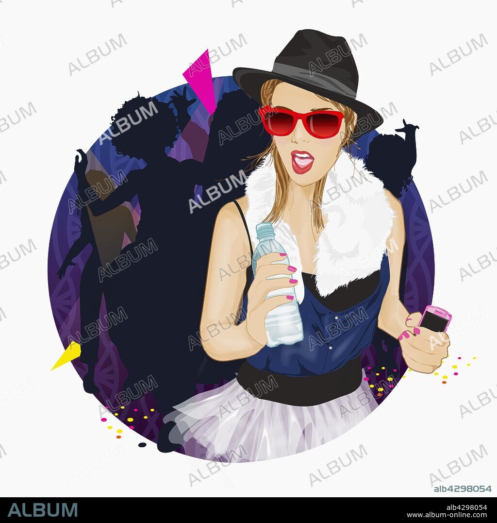 Woman drinking bottled water at nightclub.