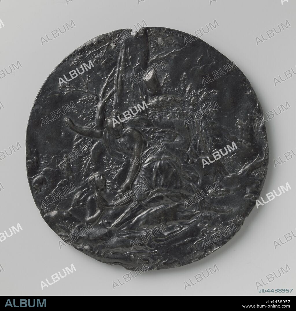 Calisto, punished by Juno, Round, lead plaque. In the foreground in the middle, the beloved of Jupiter, lying down and begging for Juno, who threatens her with raised right fist and holds her by the hair with the left hand. Behind Juno heavy tree trunks and foliage. In the background on the left Calisto, turned into a bear as punishment and her son, armed with bow and arrow, lays on lord., Paulus Willemsz. van Vianen (possibly), Praag (possibly), c. 1610, founding, d 20.0 cm × w 400 gr.