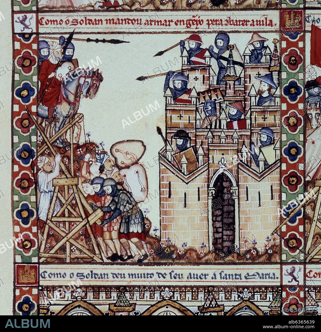 ALFONSO X OF CASTILE THE WISE. MTI1-CANTIGA STA MARIA Nº28-F43R-LA VIRGEN DEFIENDE CONSTANTINOPLA DE LOS MOROS-MINIATURA S XIII- DETALLE.