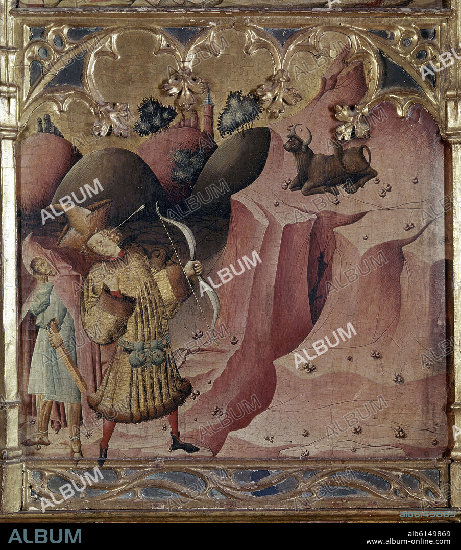 MAESTRO DE ARGUIS (S. XV). RETABLO DE LA LEYENDA DE SAN MIGUEL - GARGANO HERIDO POR SU FLECHA - HACIA 1440 - TEMPLE/TABLA- NP 1332 - GOTICO ESPAÑOL - Conjunto 10139 y 10146.