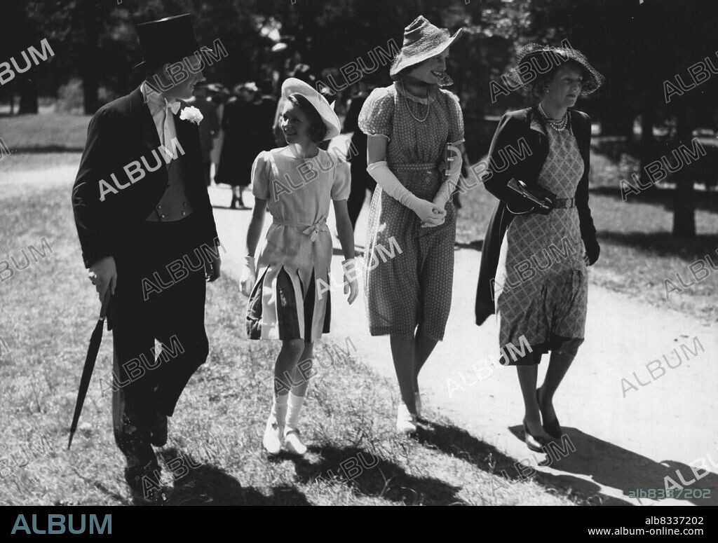 Photo Shows:- Left to Right: The Earl of Dalkeith; Lady Caroline Scott; Lady Elizabeth Scott and the Duchess of Buccleuch at the Eton Fourth of June celebrations. The Earl of Dalkeith Royal Engagement Report:- In a report from London, the Paris newspaper "France Soir" says that Princess Margaret's engagement to the Earl of Dalkeith will be announced in August. The Earl who is heir to the Duke of Buccleuch in 26, He served in the Royal Navy through out the war. June 04, 1939. (Photo by Fox Photos).