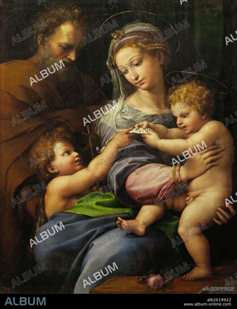 Raphael / 'The Holy Family with little Saint John, or The Virgin with a Rose', c. 1516, Oil on canvas, 103 x 84 cm, P00302.