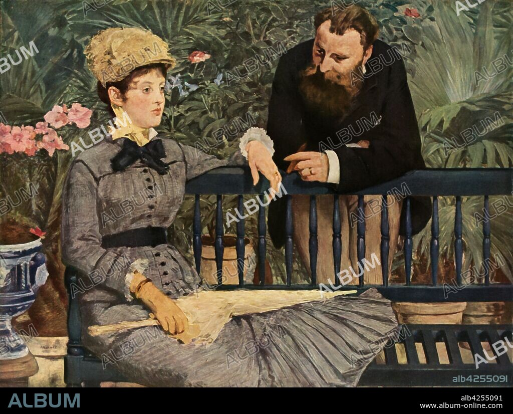 EDOUARD MANET. 'In the Greenhouse', 1879, (1937). Portrait of the Guillemets, friends of Manet's, in the conservatory at 70 Rue d'Amsterdam in Paris. Painting, also known as 'Dans la serre', (In the Conservatory), in the Alte Nationalgalerie, Berlin. From "The Impressionists" by Wilhelm Uhde. [The Phaidon Press, George Allen & Unwin Ltd, Vienna & London, 1937].