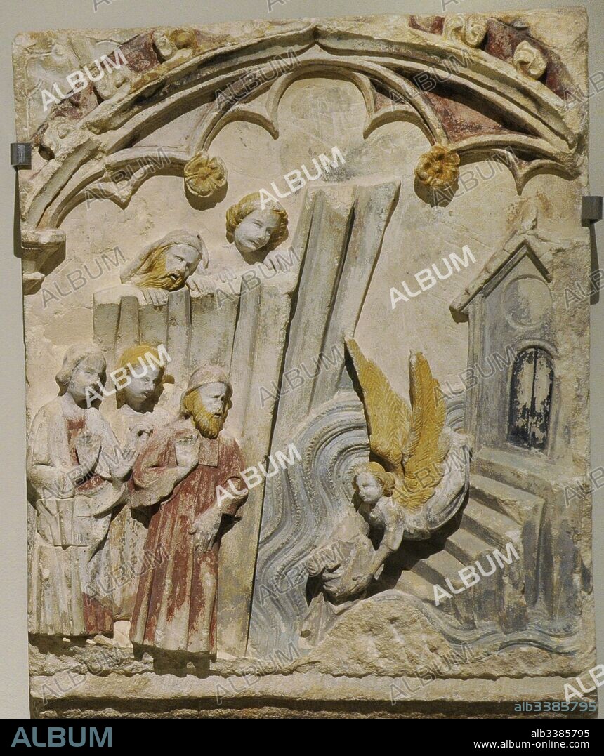 Maestro de Sant Mateu (activo último tercio del siglo XIV). Relieves del Retablo de San Miguel. Finales del siglo XIV. Detalle del Milagro del Mont Saint-Michel. Bajorrelieve. Piedra caliza con restos de policromía. Procede de la Iglesia de Sant Miquel de Canet lo Roig, Castellón. Museo Nacional de Arte de Cataluña (MNAC). Barcelona. Cataluña. España.