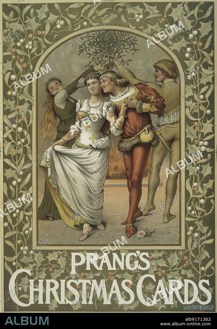 LOUIS PRANG. A poster with the words 'Prang's Christmas Cards,' depicting four performers, holly, a fireplace and a rose, c1865 - 1899. [Publisher: L. Prang & Co.; Place: Boston].