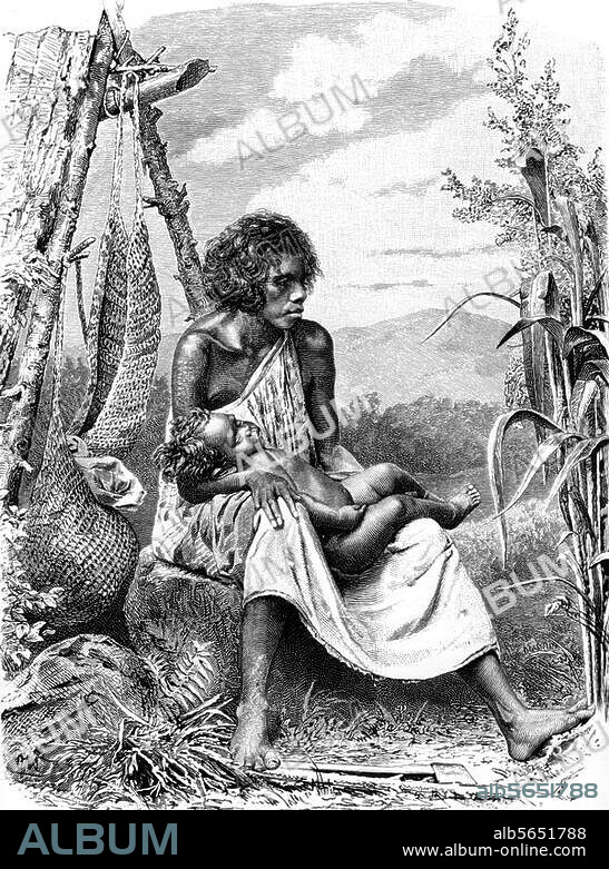 Völkerkunde:. Australien. Mutter mit Kleinkind aus Neusüdwales. Holzstich (nach Photographie) von Olof Winkler, 1887.