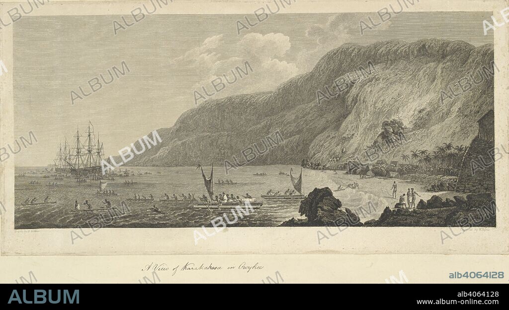 View of Karakakooa in Owhyhee. Drawn by John Webber and engraved by W.Byrne. Shows the Resolution and Discovery at anchor in Kealakekua Bay, Hawaii, with Hawaiian canoes in foreground. A collection of drawings by A. Buchan, S. Parkinson, and J. F. Miller, made in the Countries visited by Captain James Cook in his First Voyage [1768-1771], also of prints published in John Hawksworth's Voyages of Biron [Byron], Wallis, and Cook [1773], as well as in Cook's second and third Voyages [1772-1775, 1776-1780]. 1768-1780. Captain Cook's third voyage. Source: Add.23921 f.69.