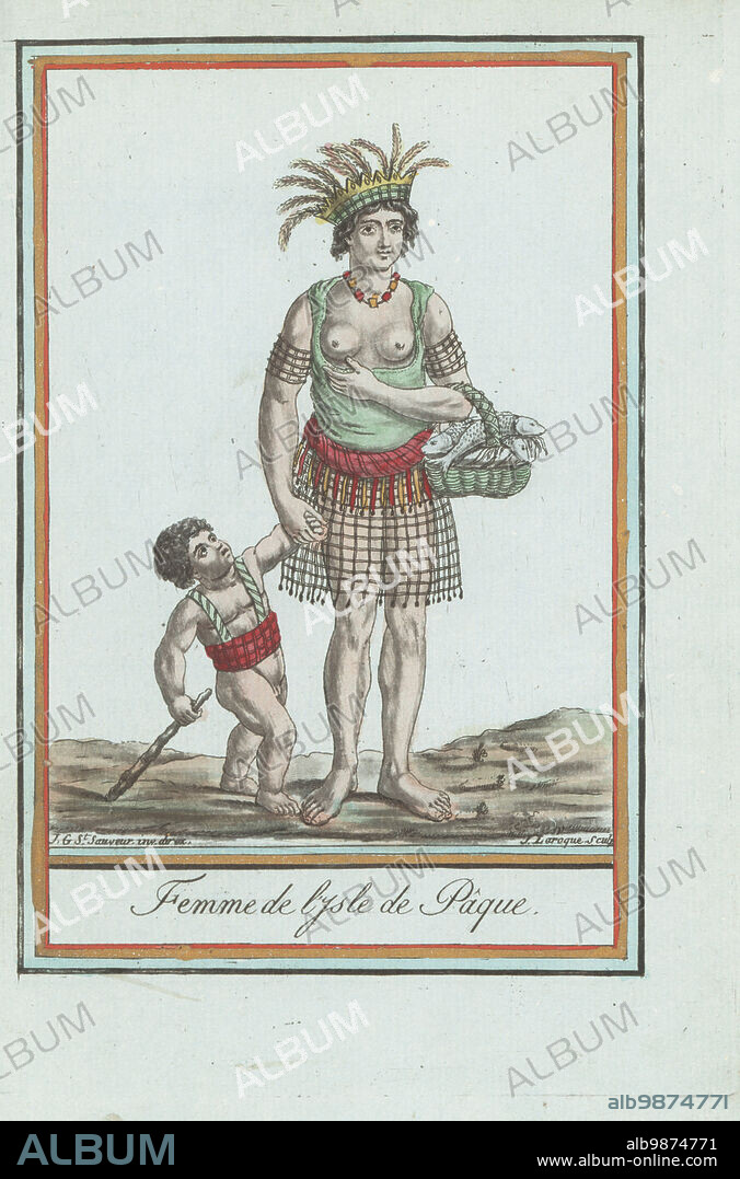Rapanui woman and boy of Easter Island. In feather headdress, necklace, bodice revealing her breasts, net skirt with belt. She holds a basket of fish. Femme de l'Isle de Paques. Handcoloured copperplate engraving by J. Laroque after a design by Jacques Grasset de Saint-Sauveur from his Encyclopedie des voyages, Encyclopedia of Voyages, Bordeaux, France, 1792.