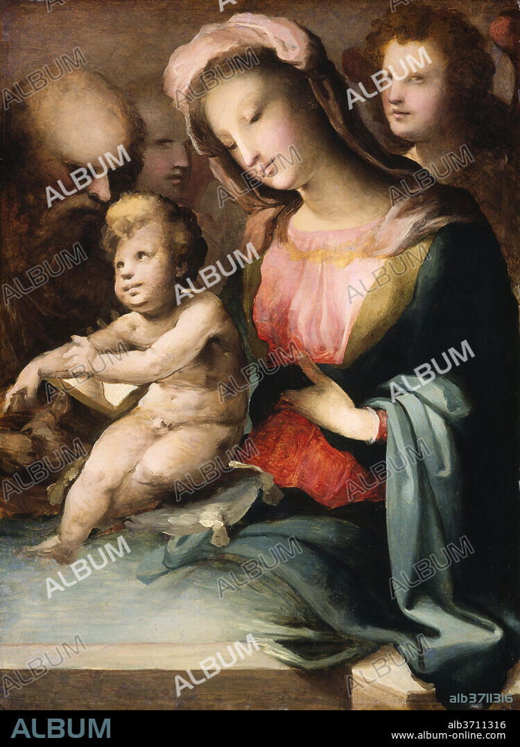 DOMENICO BECCAFUMI. The Holy Family with Angels. Dated: c. 1545/1550. Dimensions: overall: 81.3 x 61.6 cm (32 x 24 1/4 in.)  framed: 106 x 85.4 x 12.7 cm (41 3/4 x 33 5/8 x 5 in.). Medium: oil on panel.
