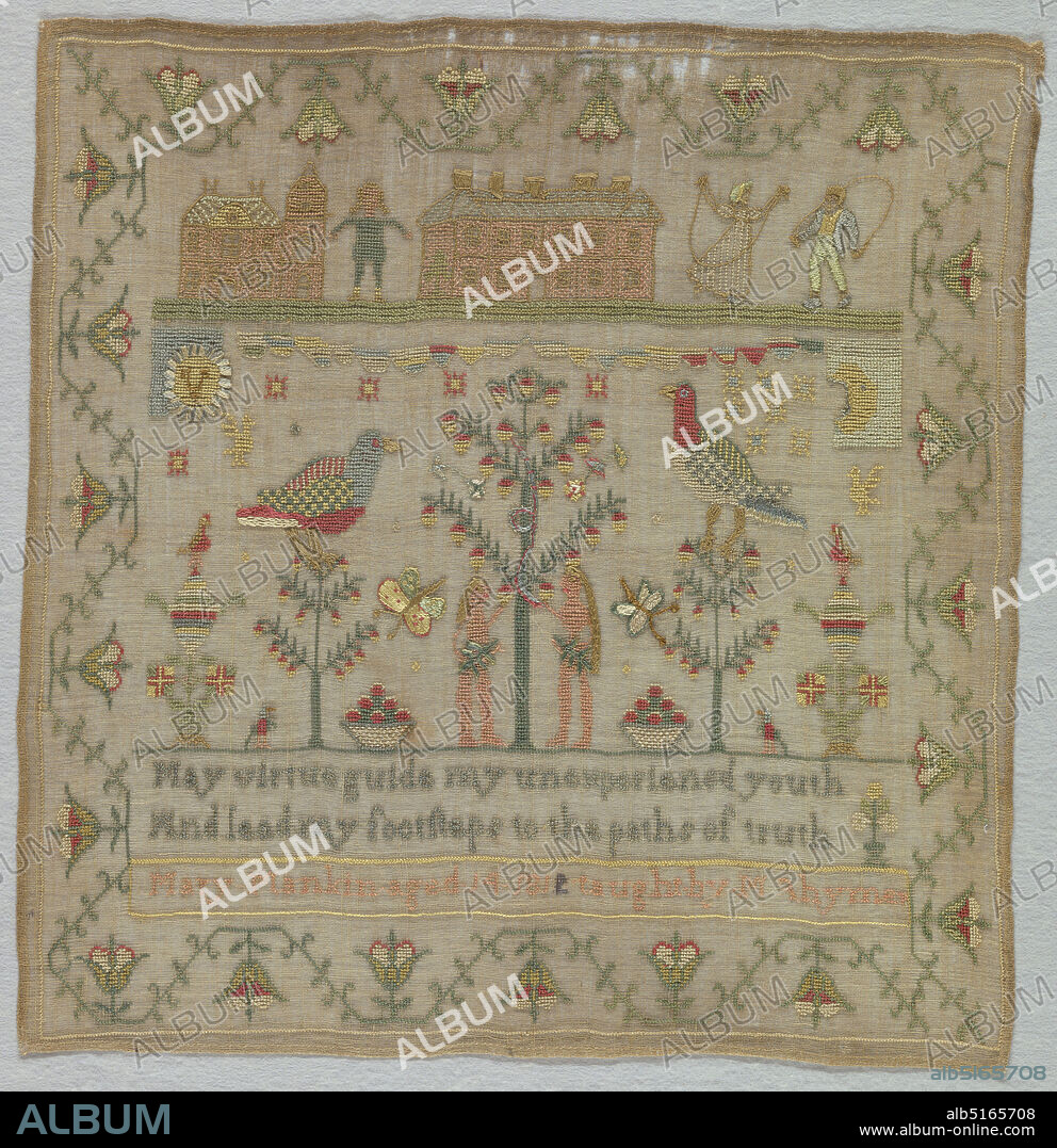 Sampler, Mary Mankin, Medium: silk embroidery on cotton foundation Technique: counted and uncounted stitches; cross, herringbone, stem, satin, and couching stitches on plain weave foundation, Within a curving, floral border, a top band of buildings and two people skipping rope; a center band of Adam and Eve and with the Tree of Knowledge, birds and plants; and a verse:, 'May virtue guide my inexperienced youth and lead my footsteps to the path of truth' and inscription:, Mary Mankin Aged 14 181_ taught by Mahymer (?), The last letter of the date was removed, and 2 was written in ink., England, 181019, embroidery & stitching, Sampler.
