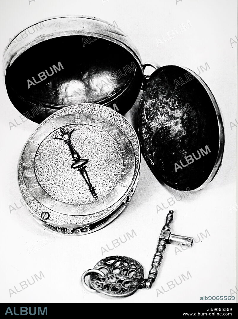 Illustration showing a Nuremberg Egg, an early type of pocket watch with a verge escapement - circa 1500.