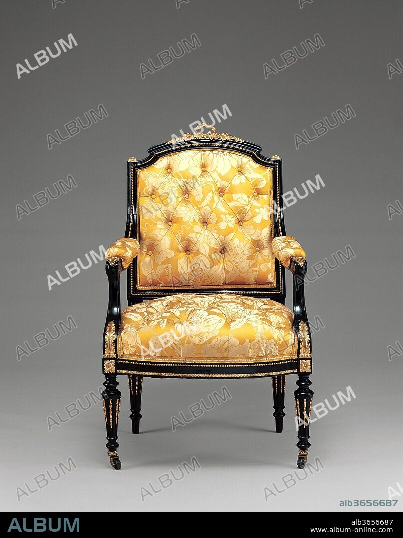 Armchair. Culture: American. Dimensions: 40 3/4 x 25 1/2 x 20 in. (103.5 x 64.8 x 50.8 cm). Maker: Léon Marcotte (1824-1887). Date: ca. 1860.
This armchair is part of a suite of Louis XVI-style furniture that John Taylor Johnston (1820-1893) purchased from the firm of Ringuet-Leprince and L. Marcotte in about 1856. This international firm had showrooms in both Paris and New York, and it is believed that at least some of the pieces of the suite were made in Paris for the New York commission. Johnston, a railroad executive and the first president of The Metropolitan Museum of Art, used the furniture in the music room of his residence at 8 Fifth Avenue. The suite (68.69.1-68.69.11, 68.165.1-68.165.6) includes two sofas, two armchairs, a table, two matching cabinets, a third large cabinet, six matching side chairs, a pair of lyre-back side chairs, and a firescreen. After Ringuet-Leprince retired in 1860, the firm became known as L. Marcotte and Company. Léon Marcotte was New York's most noted cabinetmaker and interior decorator during the 1860s.