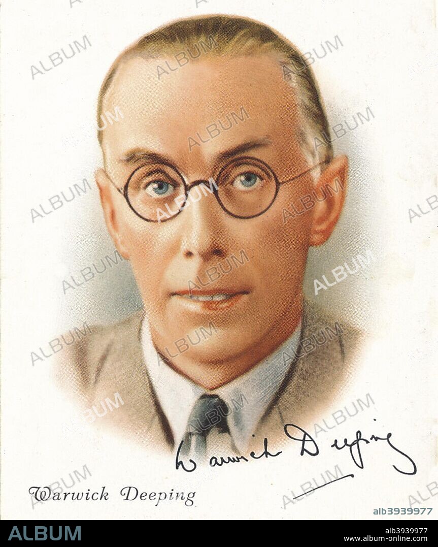 George Warwick Deeping (1877-1950), prolific English novelist and short story writer and doctor, 1937. Cigarette card 8 of 40 from Famous British Authors published by WD & HO Wills. A promotional item issued by the Imperial Tobacco Company of Great Britain & Ireland Ltd.
