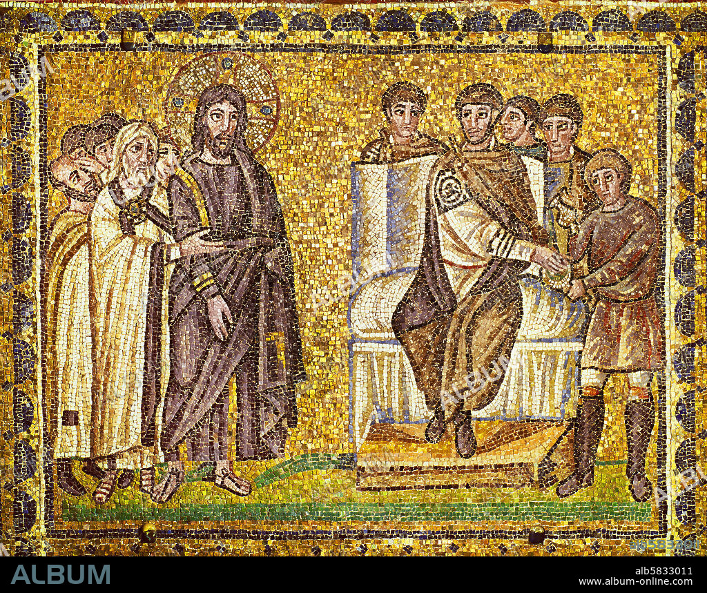 Christ before Pilate who washes his hands, high priests and Roman soldiers. Mosaic (6th).