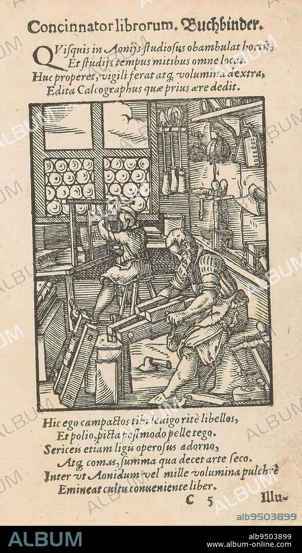 Bookbinder, Buchbinder (title on object), Two bookbinders at work in a studio., print maker: Jost Amman, publisher: Sigmund Feyerabend, Frankfurt, 1568, paper, letterpress printing, height 79 mm × width 61 mm, height 148 mm × width 88 mm.