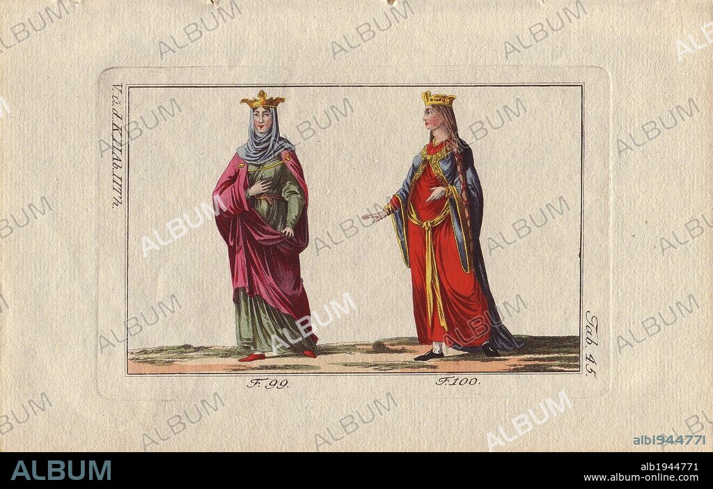 Constance of Arles (986~1034), also known as Constance of Provence, was the third wife and queen of King Robert II of France.. . "Often the hair was covered in a veil that enveloped at the same time the neck and bosom (99).". . Queen of France. . "The hairstyles of women were of the greatest simplicity; their hair, abandoned naturally or plaited and tied in a ribbon, falling loosely to their shoulders (100).". . "The tunic of the Franks extended from the neck and fell to the feet, in a fashion to hide the, or at least partly. It hugged the body very closely, making visible all the contours of an elegant waist. It can be seen in figures 99, 100 and 102.". . "The queens of the first and second race wore richly embroidered belts, whose ends fell very low (100).".